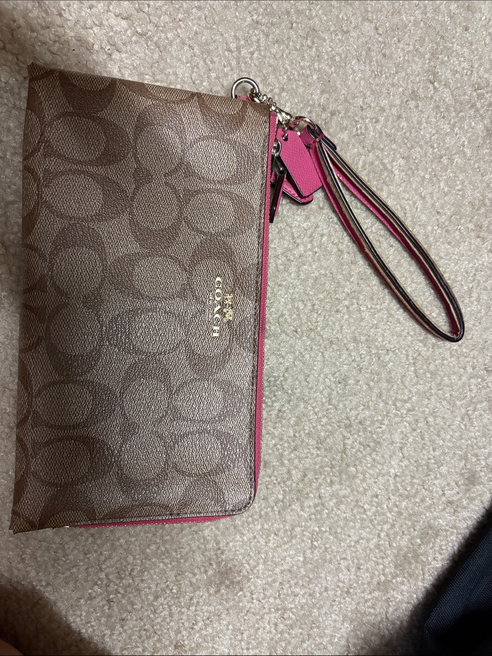 Coach Brown Signature Wristlet with Pink Trim